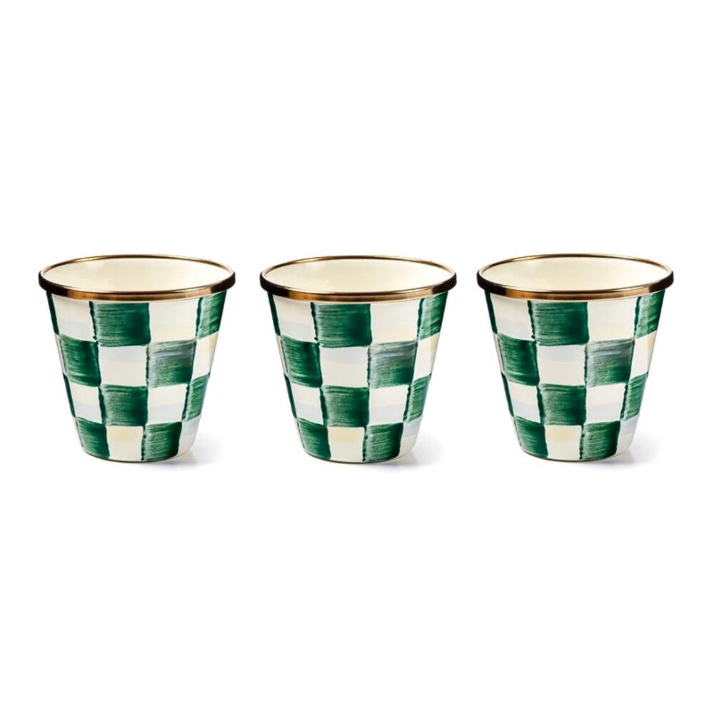 Mackenzie-Childs Emerald Check Herb Pots, Set of 3 Hand Painted Garden Decor NEW
